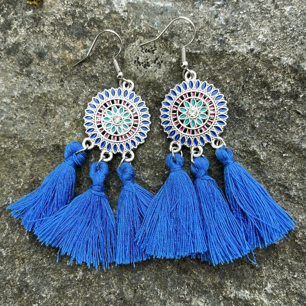Bohemian Flower Tassel Fringe Drop Earrings Blue - Picture 3 of 4